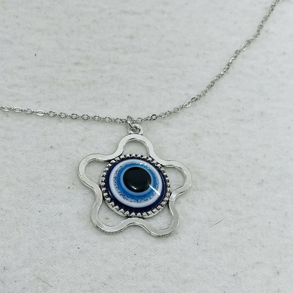 Blue Evil Eye Pendant Star Flower Necklace Chain 20” Silver Charm Amulet Women
